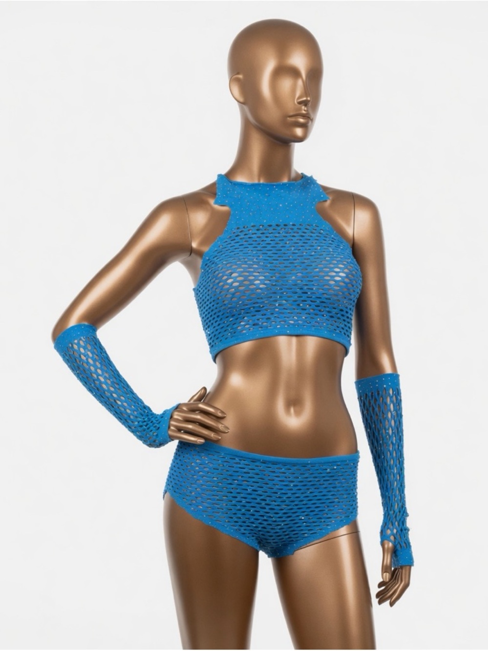 Blue Fishnet Crop Top & Shorts Set with Arm Warmers